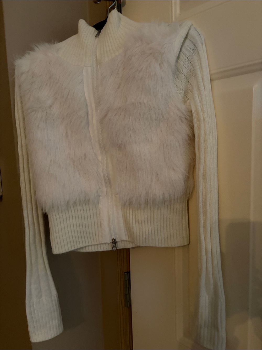 BDG Women's Cream Faux Fur Zip-Front Sweater Size Small